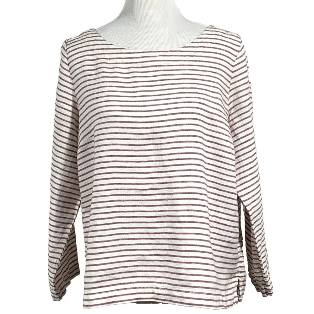 Artisan NY 100% Linen Top Womens L Burgundy White Striped Long Sleeve Boat Neck - Picture 1 of 9